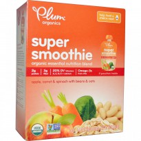 Plum Organics, Super Smoothie, Apple, Carrot & Spinach with Beans & Oats, 4 Pouches, 4 oz (113 g) Each